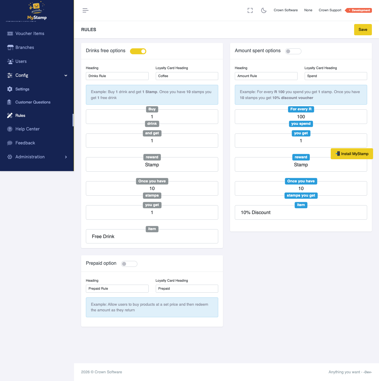 Rules page showing the Drinks Rule card with sentence builder